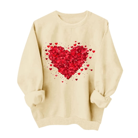 Valentines Day Sweatshirts Women Cute Heart Valentine Sweater Tops Casual Funny Graphic Long Sleeve Shirts Pullover, XS Beige