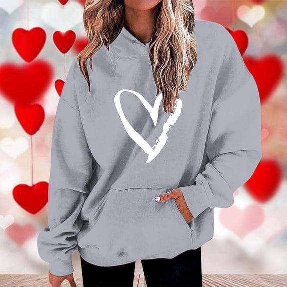 Valentines Day Sweatshirts For Women Trends Casual Valentines Love Heart Graphic Printing Tops Loose Long Sleeve Oversized Tops Hoodie Sweatshirts Gray L