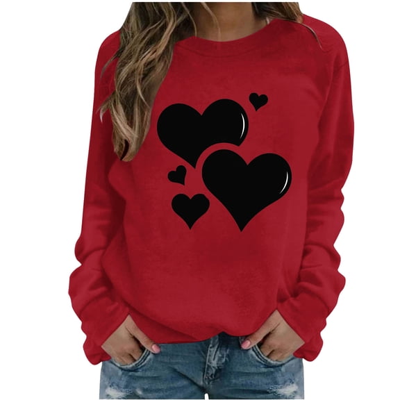 Valentines Day Sweatshirts Women's Casual Crewneck Pullover Tops Cute Heart Long Sleeve Shirts Top