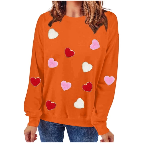 Valentines Day Sweatshirts Womens Long Sleeve Cute Heart Sweater Tops Casual Graphic Pullover Shirts, S Orange