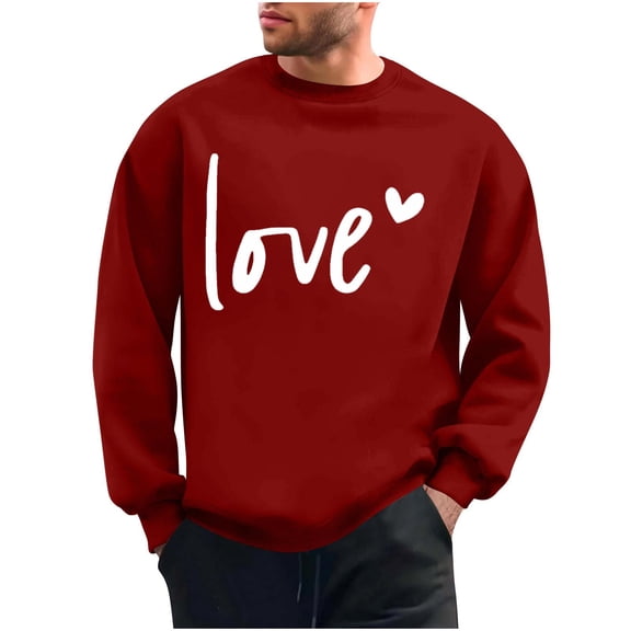 Valentines Day Sweatshirts for Men Love Heart Printed Crewneck Pullover Holiday Casual Loose Long Sleeve Tops (L, Red #I)