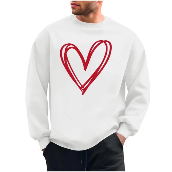 Valentines Day Sweatshirts for Men Love Heart Printed Crewneck Pullover Holiday Casual Loose Long Sleeve Tops (M, White #K)