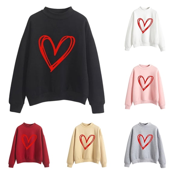 Valentines Day Sweatshirts for Women 2026 Funny Love Heart Graphic Fleece Crewneck Pullover Cute Holiday Long Sleeve Tops Black M
