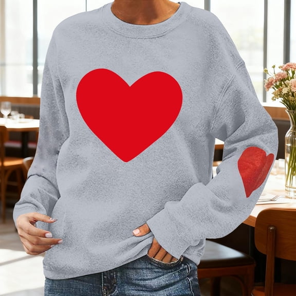 Valentines Day Sweatshirts for Women 2026 Funny Love Heart Graphic Crewneck Pullover Cute Holiday Long Sleeve Tops Grey M
