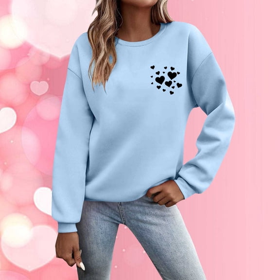 Valentines Day Sweatshirts for Women 2026 Funny Love Heart Graphic Crewneck Pullover Cute Holiday Long Sleeve Tops Sky Blue L