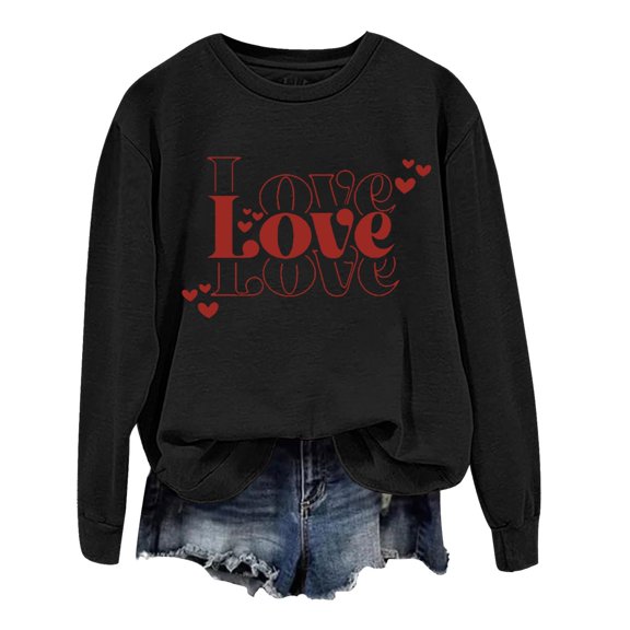 Valentines Day Sweatshirts for Women Love Heart Printed Graphic Round Neck Long Sleeve Shirts Holiday Valentines Funny Loose Fit Tops