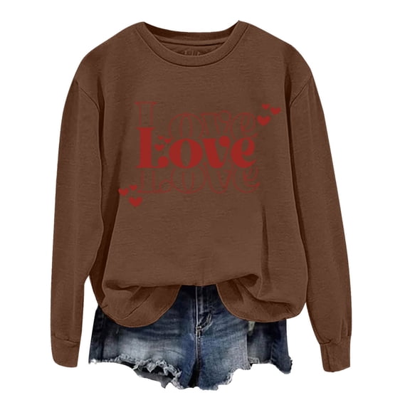 Valentines Day Sweatshirts for Women Love Heart Printed Graphic Round Neck Long Sleeve Shirts Holiday Valentines Funny Loose Fit Tops