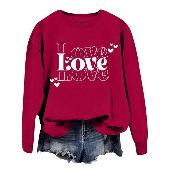 Valentines Day Sweatshirts for Women Love Heart Printed Graphic Round Neck Long Sleeve Shirts Holiday Valentines Funny Loose Fit Tops