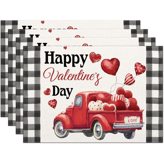 Valentines Day Sweet Rose Love Truck Placemats Set of 4, Heat-Resistant Washable Table Mats with Pockets, Place Mats for Dinner Kitchen Table Party Home Decoration, Buffalo Plaid