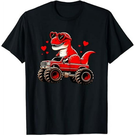 Valentines Day T Rex Riding Monster Truck Toddler Boys Kids T-Shirt