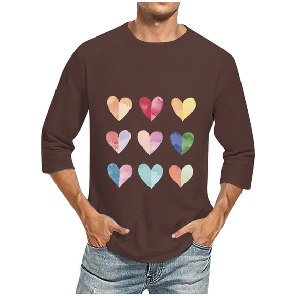 Valentines Day T Shirt Men, Mens 3/4 Sleeve Shirts, Men Valentine's Day Print Tops Round Neck Casual Fashion Three-Quarters Sleeve Blouses Shirts