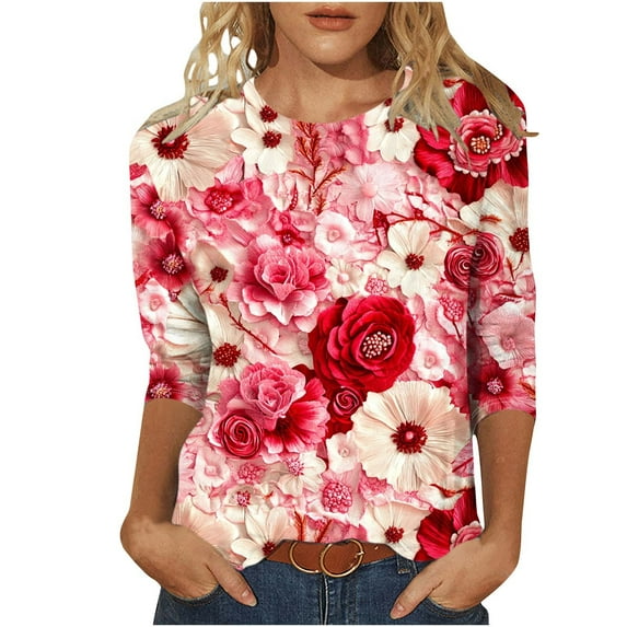 Valentines Day T-Shirt Womens 3/4 Sleeve T Shirts Women V Neck Tops Womens T Shirts Cotton Items