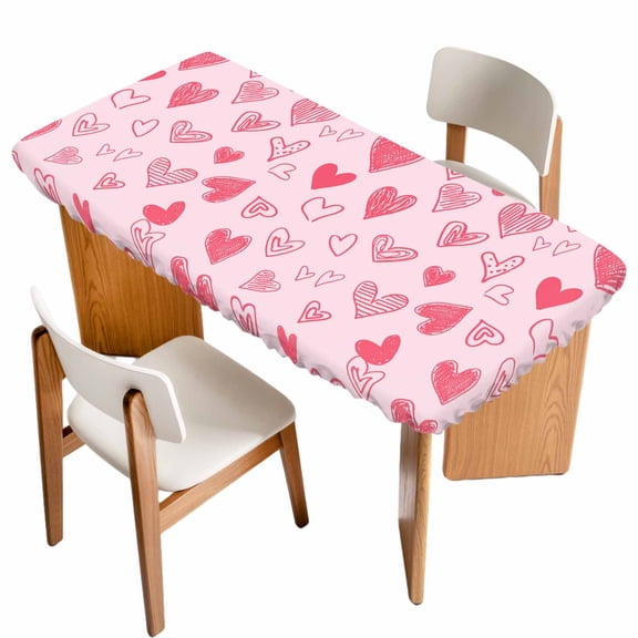 Valentines Day Table Cloths for 3 Foot Rectangle Tables, Pink Love Heart Patio Waterproof Elastic Fitted Tablecloths, Washable Rectangular Table Cover for Camping