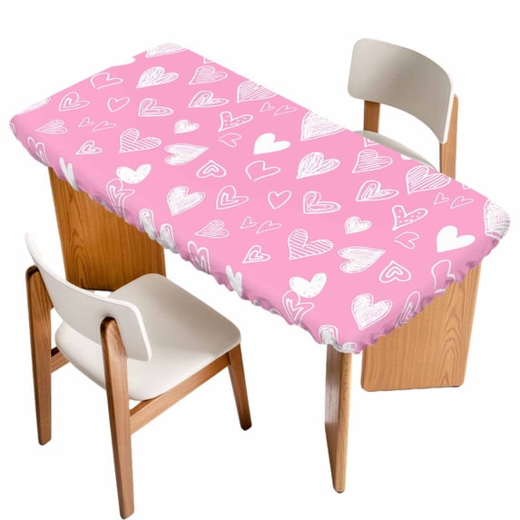 Valentines Day Table Cloths for 6 Foot Rectangle Tables, Pink Love Heart Romantic Patio Waterproof Elastic Fitted Tablecloths, Washable Rectangular Table Cover for Camping