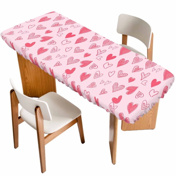 Valentines Day Table Cloths for 8 Foot Rectangle Tables, Pink Love Heart Patio Waterproof Elastic Fitted Tablecloths, Washable Rectangular Table Cover for Camping