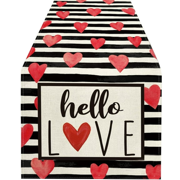 Valentines Day Table Flag Heart Pattern Holiday Decoration Heat Insulation Linen Tablecloth for Romantic Dinner Party Anniversary Celebration Valentines Decor Home Table Setting
