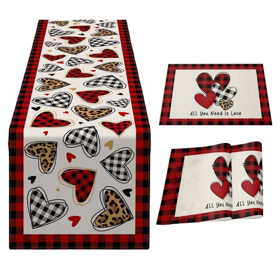 Valentines Day Table Runner 3 Pcs With 2 Placemats Leopard Love Heart Buffalo Plaid Red and White Burlap Dining Decorations 72 Inch Long for Weeding Anniversary