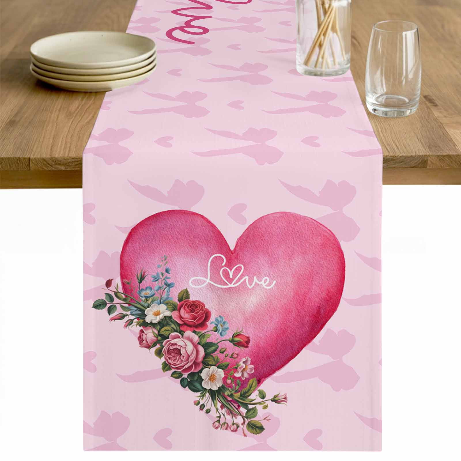 Valentines Day Table Runner - 70 Inch Long Pink Love Hearts Roses ...