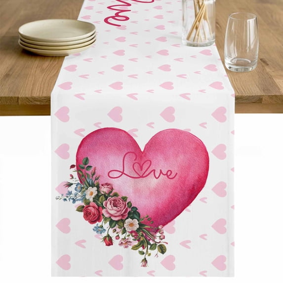 Valentines Day Table Runner - 72 Inch Long Pink Love Hearts Roses Floral Farmhouse Cotton and Linen Blended Dress Scarves Farmhouse Table Runner for Kitchen Dining, Coffee Table, 13" x 72"