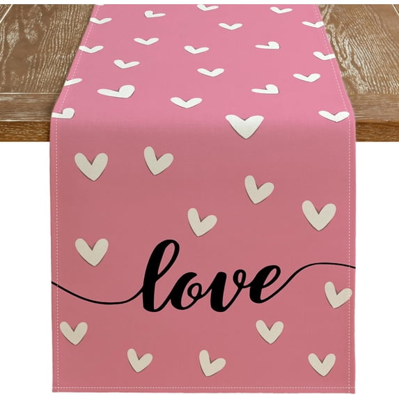 Valentines Day Table Runner 72x13 Inches Love Heart Pink Table Decor, Burlap Farmhouse Indoor Outdoor Holiday Anniversary Decoration for Home Party AT511-72