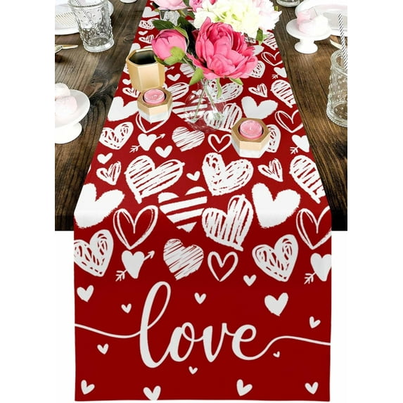 Valentines Day Table Runner - Love Cotton Linen Table Runners 120 Inches Long, Red Heart Table Cloth Dresser Scarves Kitchen Dining Table Decorations for Holiday Party