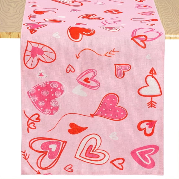 Valentines Day Table Runner Pink Heart Table Covers Linen Love Heart Table Runner Decor for Indoor Outdoor Dining Room Valentine''s Day Wedding Party Favor Decoration(13 x 72 inch)