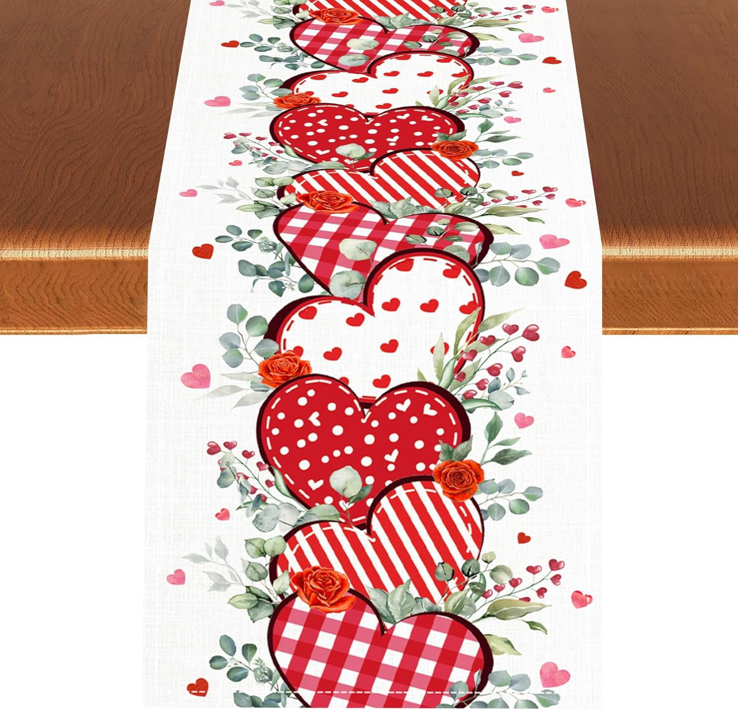 Valentines Day Table Runner, Red Love Heart Sage Green Eucalyptus ...