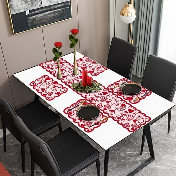 Valentines Day Table Runner and Placemats Set - Red Lace-Heart Design, 5 Piece Set with 13x72 inch Runner & 4 Placemats 12x18 inch for Dinner Decor C