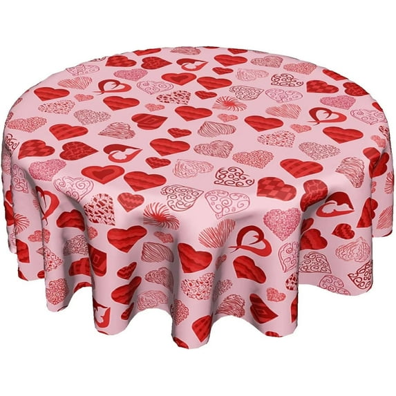Valentines Day Tablecloth 60 Inch Round Love Heart Pink Table Cloths Washable Tablecloth for Party Holiday Kitchen Dining Room Indoor Outdoor Valentine''s Day Decoration