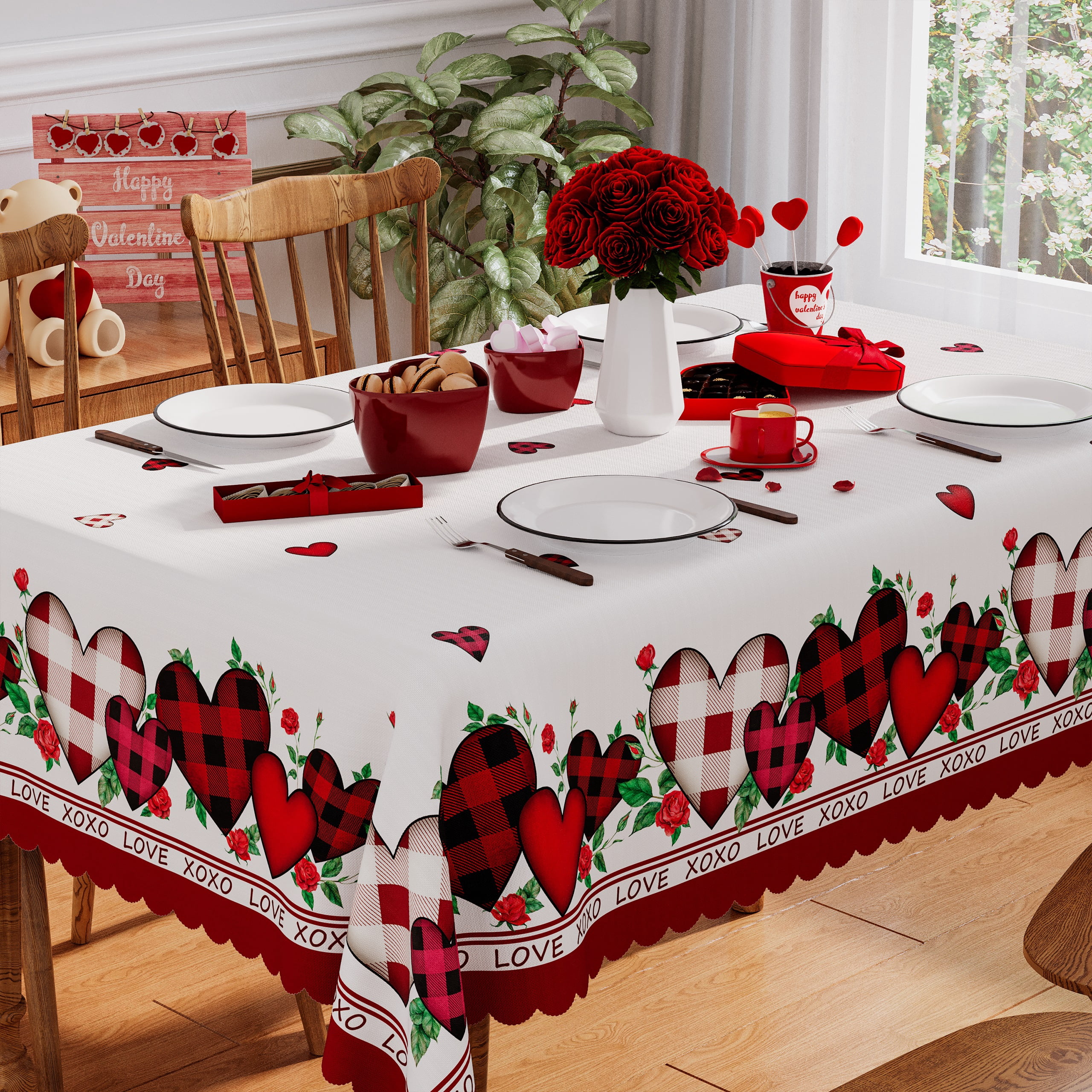 Valentines Day Tablecloth, Buffalo Plaid Red Hearts Valentines Table ...