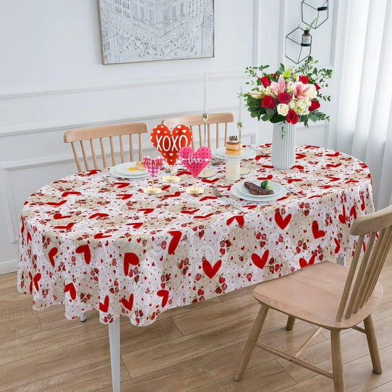 Valentines Day Tablecloth Oval 60x120 Inch, Valentine Tablecloth Lace Flower Red Rose Heart Table Cloth Cover for Dinner Party Wedding Decor