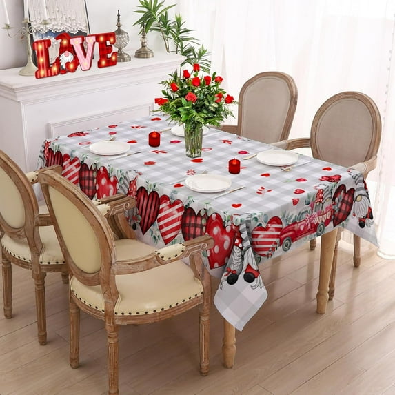 Valentines Day Tablecloth Rectangle 60x120 Inch, Valentine Heart Tablecloth Buffalo Plaid Gnome Truck Table Cloth Cover for Dinner Party Wedding Decor