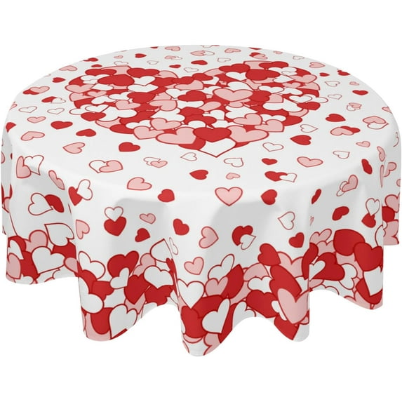 Valentines Day Tablecloth Round 60 Inch Red Pink Heart Table Cloth Circle Galentines Day Table Cover Waterproof Wipeable Polyester Mothers Day Tabletop for Home Decor Dining Room Kitchen Party Picnic