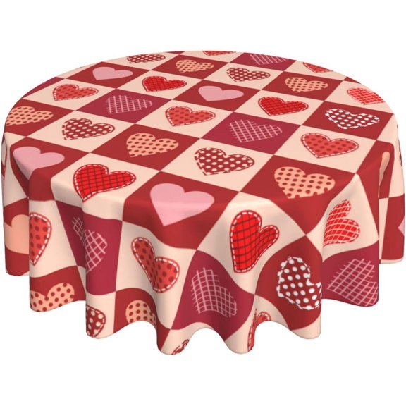 Valentines Day Tablecloth Round 60 Inch Valentine''s Day Tablecloth Red Hearts Plaid Romantic Decorative Table Cloth Vintage Circle Table Cover for Home Kitchen Dining Room Outdoor Decor