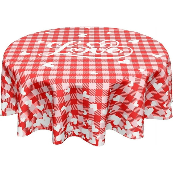 Valentines Day Tablecloth Round 60'''' Mothers Day Love Hearts Red Plaid Table Cloth Valentine''s Day Decorative Tablecloth Washable Polyester Table Cover For Kitchen Dining Room Party Home Decor