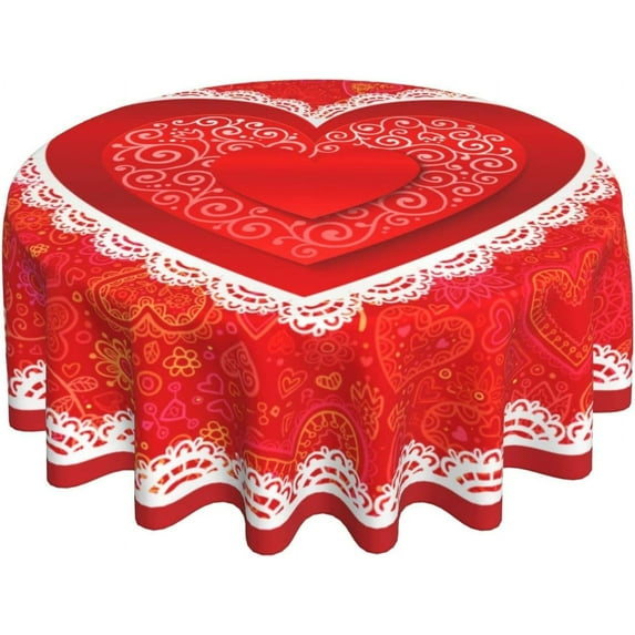 Valentines Day Tablecloth Round 60 inch Wrinkle Free Red Romantic Love Heart Tablecloth Suitable for Kitchen Decorantion/Indoor and Outdoor Dining Table/Party/Picnic