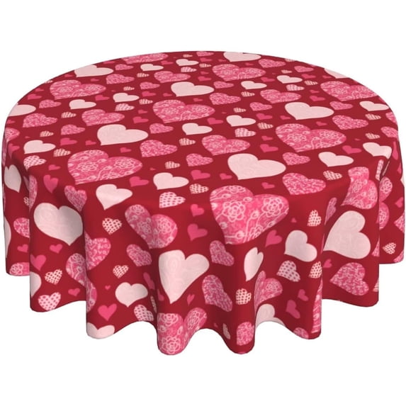 Valentines Day Tablecloth,Round Tablecloth 60 Inch,Love Heart Table Cloth Water Resistant Washable Polyester Table Cover for Kitchen Dining Table Party Decorations