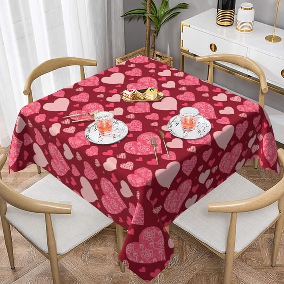Valentines Day Tablecloth Square 54"x54" February 14th Romantic Heart Table Cloth Waterproof Wedding Marrige Table Clothes Reusable Circle Table Cover for Dining Room Home Decor