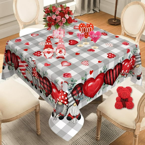 Valentines Day Tablecloth Square 60x60 Inch, Valentine Heart Tablecloth Buffalo Plaid Gnome Truck Table Cloth Cover for Dinner Party Wedding Decor