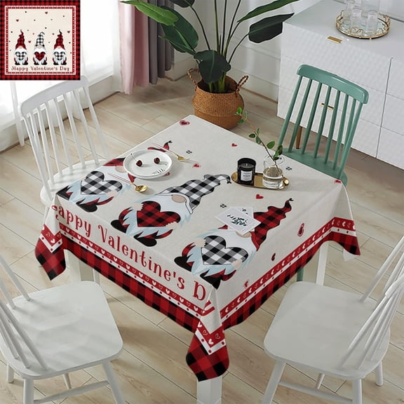 Valentines Day Tablecloth Waterproof for Square/Round/Rectangle Valentine Table Cloth 60x60 in, Munchkin Gnomes Red Buffalo Plaid Check Tablecovers, Black White Table Cover for Baptism Buffet Party
