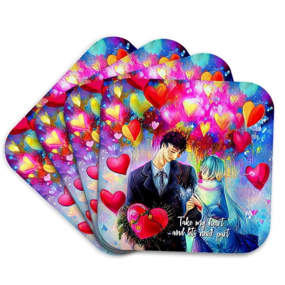3drose, Valentines Day. Take My Heart. Elegant Couple, Colorful Hearts, Gift, Set of 4 Coasters - Soft