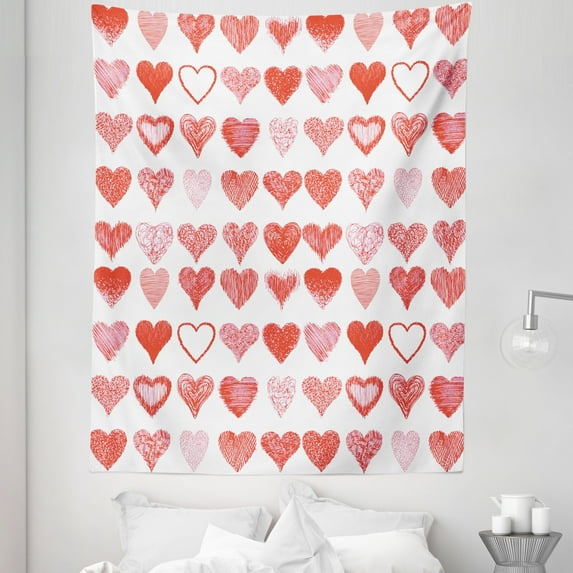 Valentines Day Tapestry, Heart of Love and Romance Hand Drawn Style Romantic Art, Fabric Wall Hanging Decor for Bedroom Living Room Dorm, 5 Sizes, Vermilion Pink White, by Ambesonne