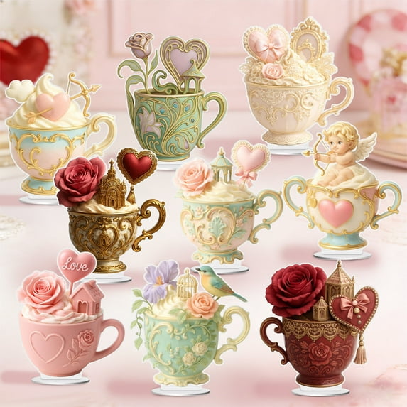 Valentines Day Tea Cup Acrylic Ornament - 5.91in(15cm) Romantic Lover’s Gift for Holiday Celebrations - Cute Tabletop Decor for Home, Desk & Shelf Display, F