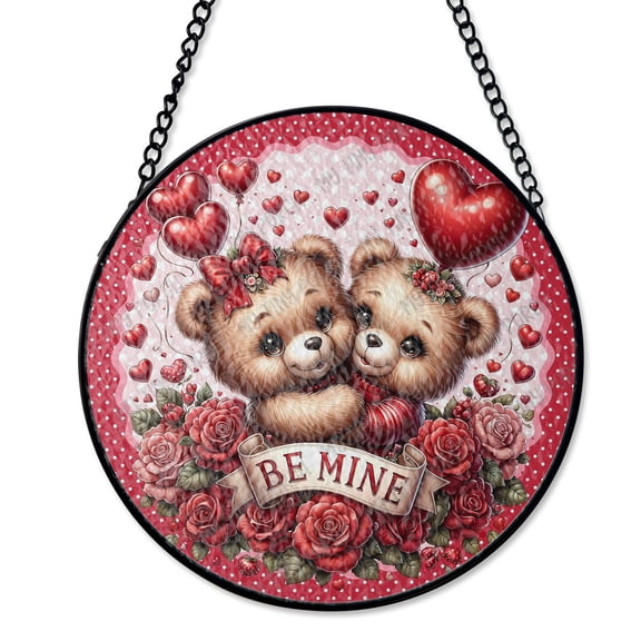 Valentines Day Teddy Couple Suncatcher Stained Glass Style, UV Printed Glass, Bear Hug Love Gift Pair, Round