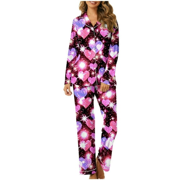 Valentines Day Themed Pajama Set for Women Adorable Heart Print Button Up Long Sleeve and Pants 2 Piece Pajama Set for Women Set Cozy Pajamas for Women Purple XL