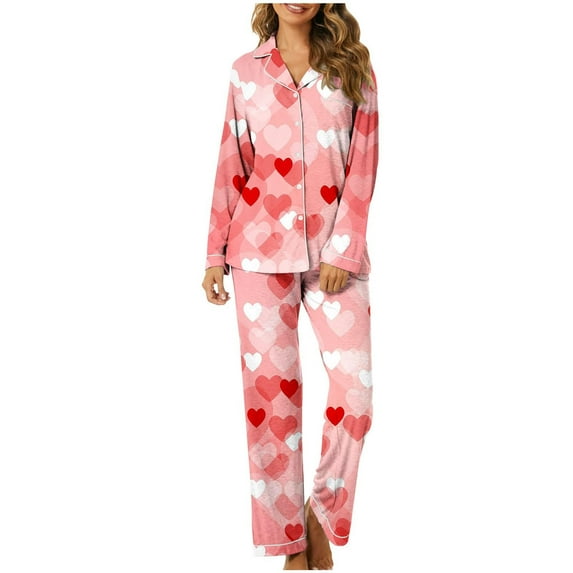 Valentines Day Themed Pajama Set for Women Adorable Heart Print Button Up Long Sleeve and Pants 2 Piece Pajama Set for Women Set Cute Womens Pajamas Red M