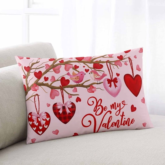 Valentines Day Throw Pillow Cover Case, Couch Sofa Bed Pillowcase, Soft Decorative Lumbar Pillow Protector, Love Birds Heart Tree Valentine Pink 12x20Inch Reversible Pillow Shams with Zipper