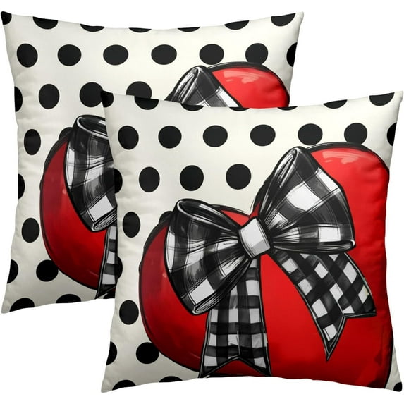 Valentines Day Throw Pillow Covers 16x16 Inch Set of 2, Red Love Heart Polka Dot Pattern Decorative Pillowcase Soft Cotton Square Cushion Cover for Home Living Room Bed Sofa Car