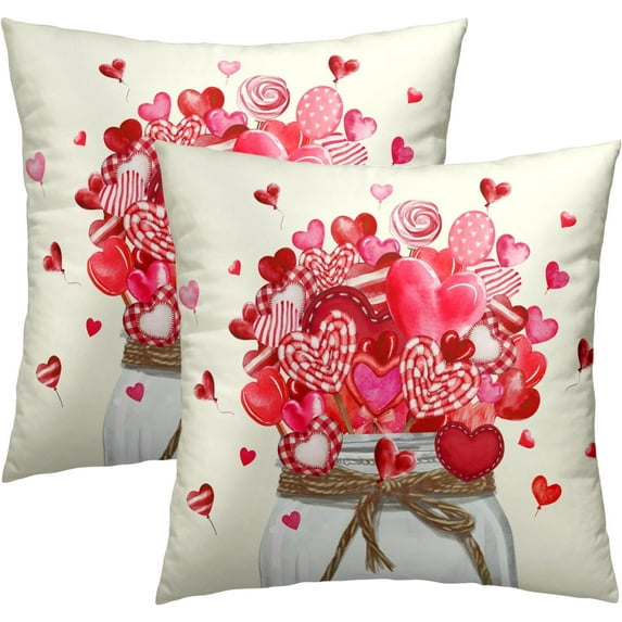 Valentines Day Throw Pillow Covers 18x18 Set of 2, Cute Love Heart Candy Canes Decorative Pillowcases Square Cushion Cover for Couch Bed Sofa Anniversary Wedding Home Decor