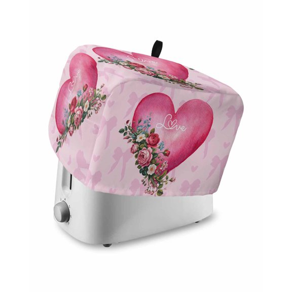 Valentines Day Toaster Cover 4 Slice, Large Kitchen Appliance Covers, Pink Love Hearts Roses Floral Romantic Toaster Oven Cover with Loop, Bread Machine Cover Polyester Dust Cover Protection